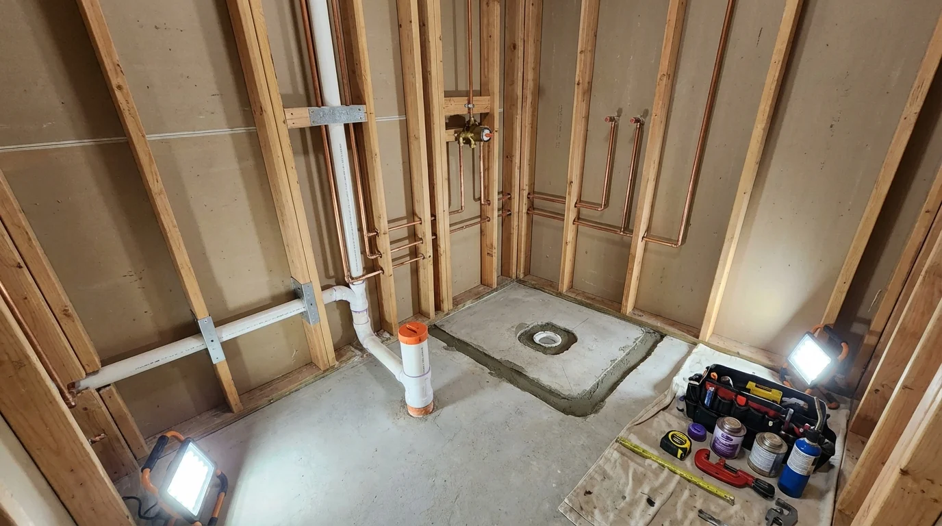 Bathroom rough-in plumbing during remodel by Johns Plumbing LLC in Clio