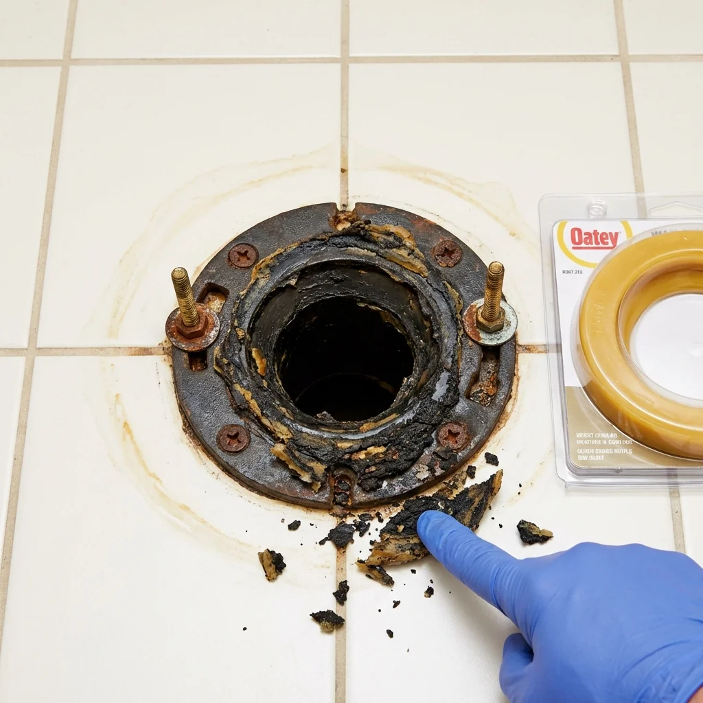 Failed wax ring showing water seepage at the base of a toilet in a Clio, AL home
