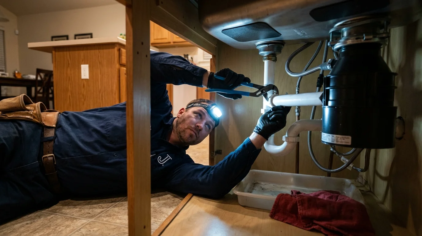 P-trap and supply line connections under a kitchen sink showing a common leak point in Clio, AL